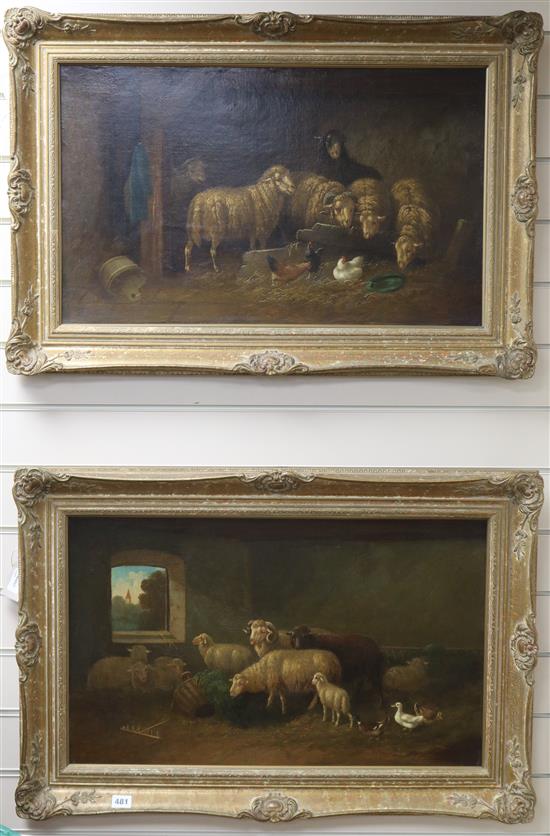 D* Newby (19th century), oil on canvas, sheep in barn interiors with chickens and ducks, a pair, signed 40 x 67cm
